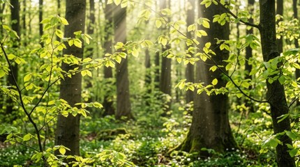Fototapeta premium Sunlight streams through a dense forest of tall trees, illuminating a vibrant green undergrowth of new leaves and moss.