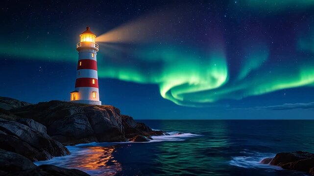 Lighthouse under northern lights
