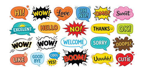 Comic speech bubbles and colorful text sticker icon set for social media chat expressions expressions explosion clouds and lettering messages vector graphic © Creative Studio 
