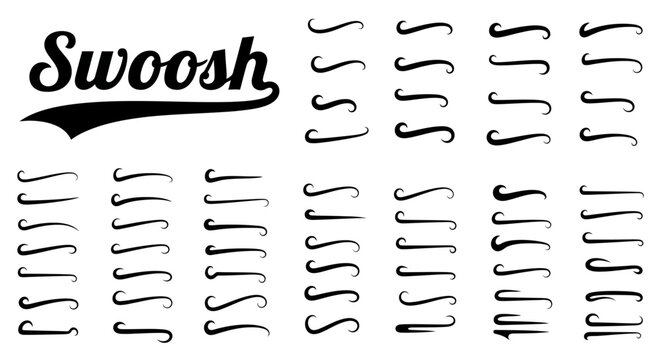 Vintage swoosh tail vector collection, retro baseball typography swashes, black script underline strokes for athletic logo design and lettering