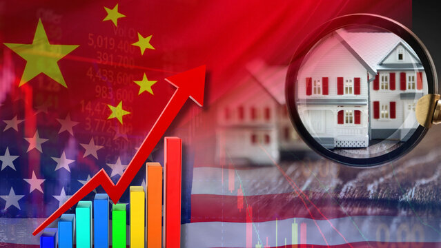 Housing and real estate prices are soaring in the United States and China amid escalating tensions; illustrated with a model of a house under a magnifying glass, a rising financial chart 