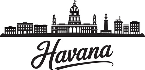 Obraz premium Havana skyline with famous buildings and landmarks in silhouette style, featuring historical architecture and a lighthouse, representing cuba's