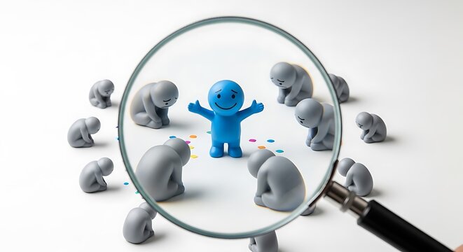 A blue cartoon character stands out from a group of gray figures under a magnifying glass on a white background with colorful dots scattered around