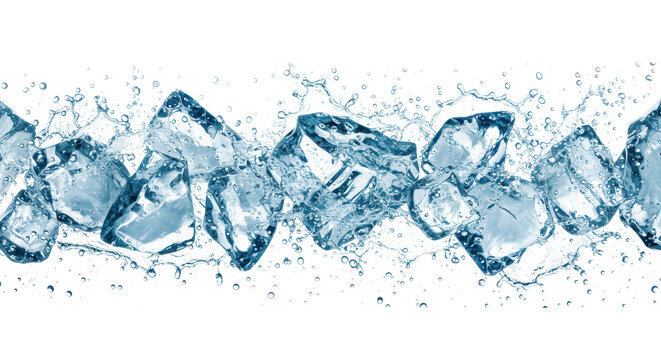 Dynamic macro shot of irregularly shaped, transparent ice chunks with razor-sharp edges and bright blue highlights, suspended with water droplets and splashes against a transparent background.