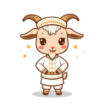 Cute Goat Wearing White Gamis Islamic Cartoon Mascot