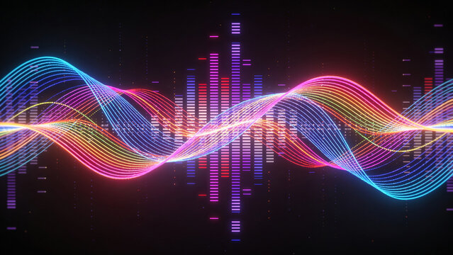 Colorful sound waves and audio bars on a black background  
