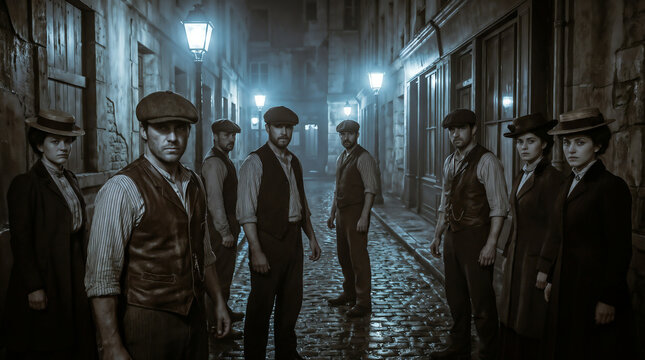 Group of eight people dressed in vintage clothing standing in a street  