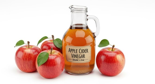 A clear glass pitcher filled with apple cider vinegar is displayed alongside three red apples. The pitcher is labeled "Apple Cider Vinegar - Organic & Raw".