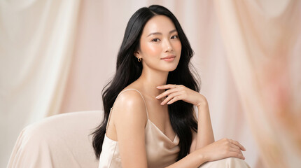 Naklejka premium portrait of a woman. Elegant beauty portrait of a young Asian woman with long silky black hair flowing gently, flawless glowing skin, soft natural makeup, wearing satin champagne-colored slip dress.