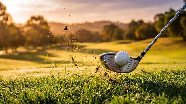 Golf club striking ball with dirt flying at sunset