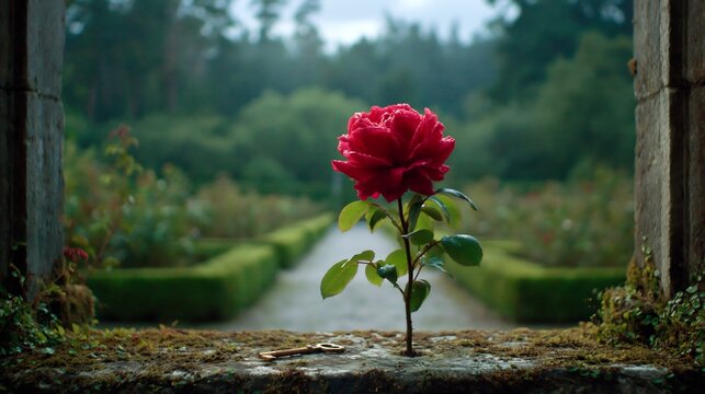 Red rose and antique key on stone ledge in formal garden