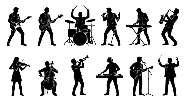 Twelve Musician and Band Performer Silhouettes &ndash; Playing Guitar, Drums, Singing at Microphone for Music Event Graphics