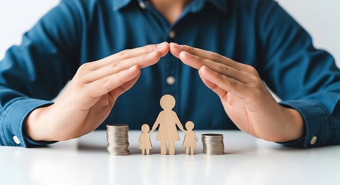 A person shielding a family and stacks of coins with their hands, symbolizing financial protection and security for loved ones on white background