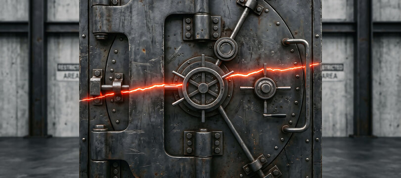 Old metal bank vault door with glowing orange crack running across center symbolizing data breach security failure or system compromise in industrial room.