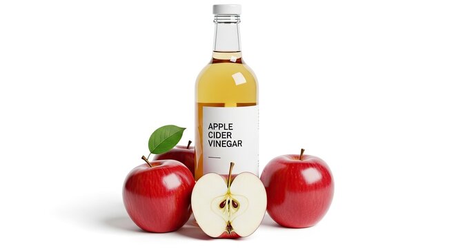 A clear glass bottle of apple cider vinegar sits on a white surface next to three red apples. One apple is cut in half, revealing its core.