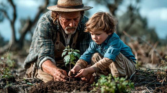 Caucasian grandfather teaching young boy to plant tree seedling outdoors, family bonding through gardening, sustainability and environmental education concept
