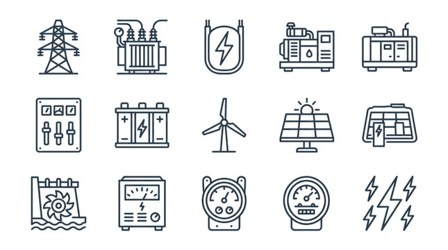 Collection of electrical energy generation and distribution icons.
