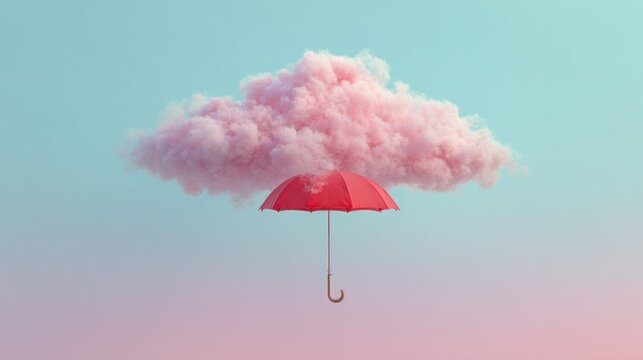 An airy, pink cloud hovers above an open, red umbrella against a softly gradient blue-pink sky