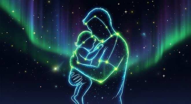 Father and child silhouette formed by bright glowing stars and constellations against a beautiful northern lights