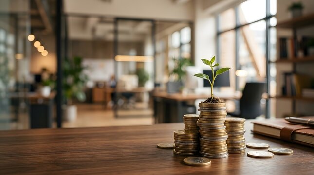 Small plant growing from a stack of coins on a modern office desk, symbolizing financial growth, successful investment, sustainable business development, and economic prosperity