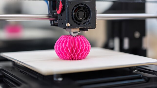 Close-up of a 3D printer creating a pink intricate object.