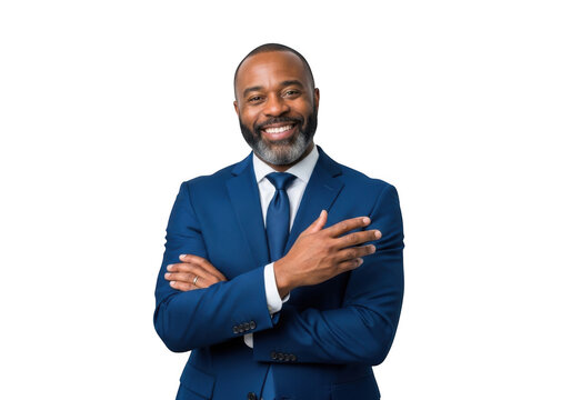 Confident businessman in a blue suit standing with arms crossed isolated on transparent background