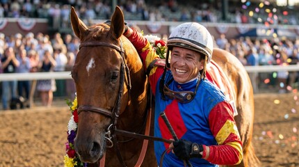 Obraz premium Jockey smiling while leading horse in celebratory atmosphere after race 
