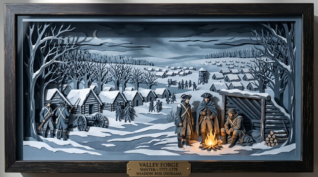 Shadow box diorama of the continental army encampment at valley forge