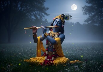 Fototapeta premium Lord Krishna playing flute in a mystical moonlit meadow with fireflies, embodying spiritual peace and tranquility under a full moon night.