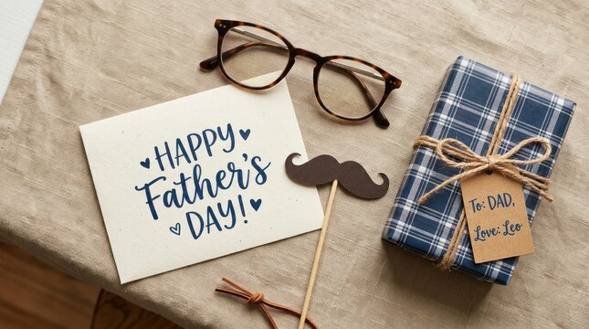 A close-up shot displays a handwritten card with "Happy Father's Day" text and a small gift wrapped in plaid ribbon. A pair of eyeglasses and a novelty mustache prop are placed beside the gift.