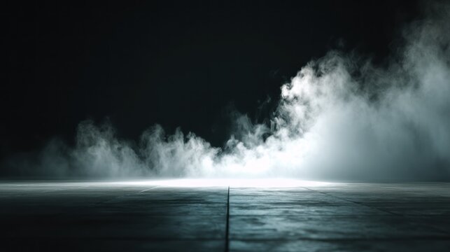 A dark, industrial space illuminated by a strong light source obscured by thick, billowing smoke, casting shadows on a textured surface