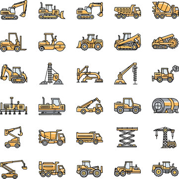 Collection of Construction Equipment Icons and Illustrations in Yellow and Gray Color Palette, Vector Set