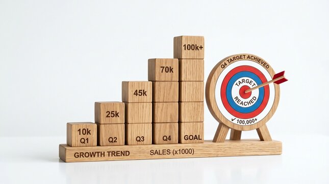 Revenue Growth Stairway Milestones with Target Bullseve and Arrow
