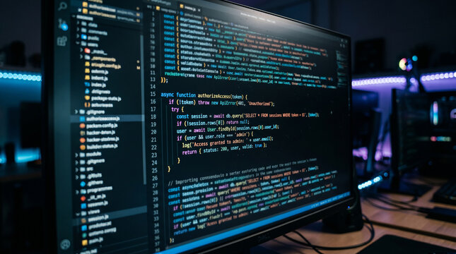computer monitor with binary code on screen. Close-up cinematic shot of computer source code displayed on a dark monitor screen, blurred programming text and syntax lines.
