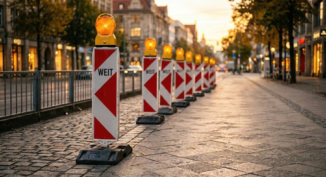 Row of red and white construction barricades with glowing orange warning lights on a European cobblestone street at sunset. Concept of roadwork, urban infrastructure improvement, safety, and detours