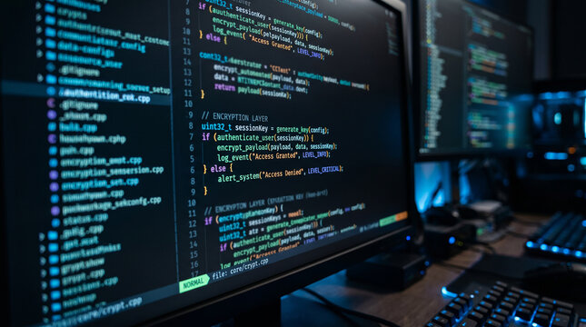 computer monitor with binary code on screen. Close-up cinematic shot of computer source code displayed on a dark monitor screen, blurred programming text and syntax lines.