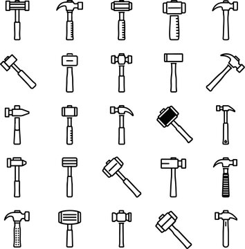 Collection of Black Outline Hammer Icons and Tools Including Claw Hammers, Ball Peen Hammers, and Mallets
