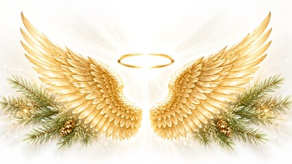 Fototapeta premium Golden angel wings with glowing halo and Christmas pine branches heavenly memorial symbol on clean white background
