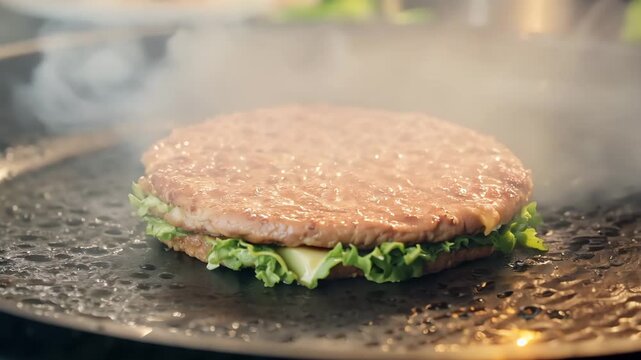 Plant Based Burger Patty Sizzling on Cast Iron Griddle with Steam