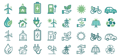 Obraz premium Collection of renewable energy and eco-friendly technology icons featuring wind turbines, solar panels, electric vehicles, green energy symbols