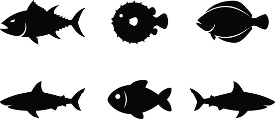 Marine Fish and Shark Silhouette Collection Featuring Ocean Wildlife Icons, Aquatic Predator Shapes and Sea Creature Illustrations © MISBIJLY