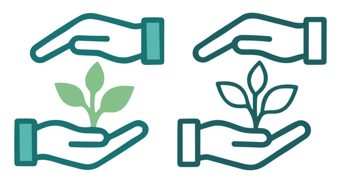 Two minimalistic hand icons nurturing plants symbolizing growth and environmental care on transparent background