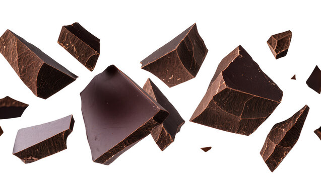 Dark chocolate chunks flying and breaking apart
