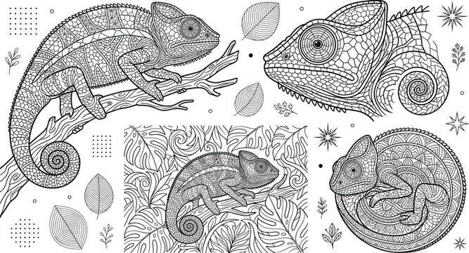 Detailed Chameleon Lizard Coloring Book Page Vector Set with Mandala Zentangle Patterns and Tropical Monstera Leaves