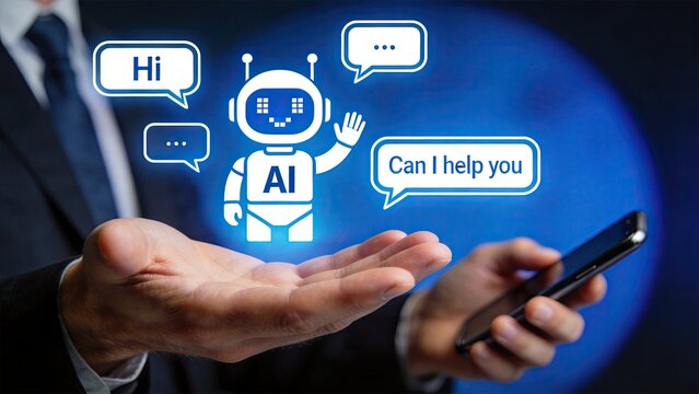 Businessman holding hologram of AI robot assistant, artificial intelligence chatbot communication with speech bubbles saying hi and can I help you.