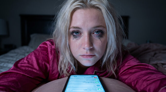 tired sleepless woman fair skin blue eyes mid-20s portrait insomnia dark circles night exhausted stress anxiety bedroom healthcare sleep deprivation emotional candid authentic awareness weary restless
