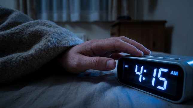 sleepless night hand alarm clock blanket glow bedroom close-up insomnia morning fatigue tired sleep deprivation authentic emotional dark nighttime healthcare awareness restless awake struggle early