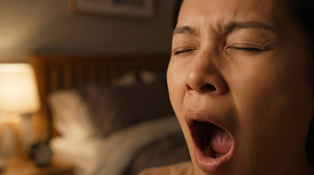 insomnia exhausted yawning face closed eyes mid-yawn close-up sleepless night tired fatigue sleep deprivation bedroom stress authentic healthcare awareness restless morning candid emotional genuine