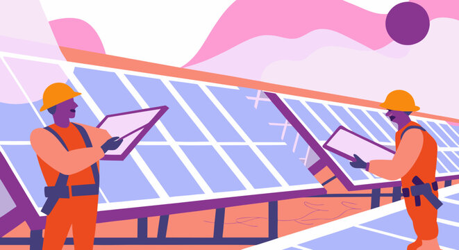 Installing solar panels for renewable energy production by construction workers in protective gear