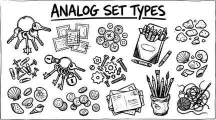 Analog Set Types: Collection of Keys, Stamps, Buttons, Crayons, Rocks, Shells, and Craft Supplies in Black and White Line Art © pixsource
